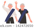 Senior Couple with Diagonal Ribbon Sash Campaigning Event Promotion Flat Character Illustration Design 142472650