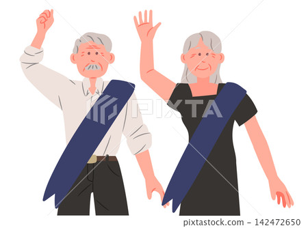 Senior Couple with Diagonal Ribbon Sash Campaigning Event Promotion Flat Character Illustration Design Senior Couple with Diagonal Ribbon Sash Campaigning Event Promotion Flat Character Illustration Design 142472650