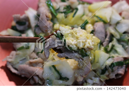 Fried Rice with Pork and Vegetables Close-Up Fried Rice with Pork and Vegetables Close-Up 142473040