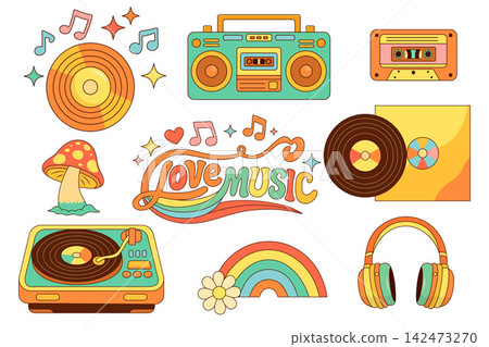 Retro groovy music collection with vinyl, boombox, cassette, headphones, mushroom and rainbow in 70s hippie style Retro groovy music collection with vinyl, boombox, cassette, headphones, mushroom and rainbow in 70s hippie style 142473270