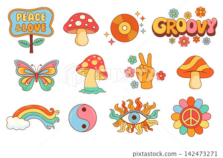Groovy retro icons set with peace, love, flowers, mushrooms, rainbow and hippie symbols in colorful flat vector style Groovy retro icons set with peace, love, flowers, mushrooms, rainbow and hippie symbols in colorful flat vector style 142473271