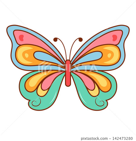 Retro groovy butterfly in 70s style with colorful wings, bold rounded shapes and thick outline, flat vector illustration Retro groovy butterfly in 70s style with colorful wings, bold rounded shapes and thick outline, flat vector illustration 142473280