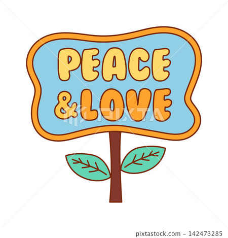 Retro groovy peace and love sign in 70s style with bold rounded lettering and warm colors, flat vector illustration 142473285
