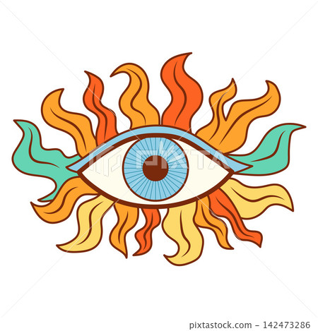 Retro groovy all-seeing eye in 70s style with sun rays, bold flowing shapes and warm colors, flat vector illustration Retro groovy all-seeing eye in 70s style with sun rays, bold flowing shapes and warm colors, flat vector illustration 142473286