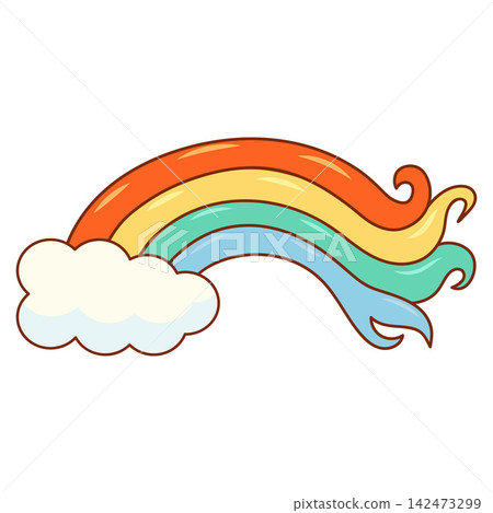 Retro groovy rainbow with cloud in 70s style, flowing shapes, bold outline and warm pastel colors, flat vector Retro groovy rainbow with cloud in 70s style, flowing shapes, bold outline and warm pastel colors, flat vector 142473299
