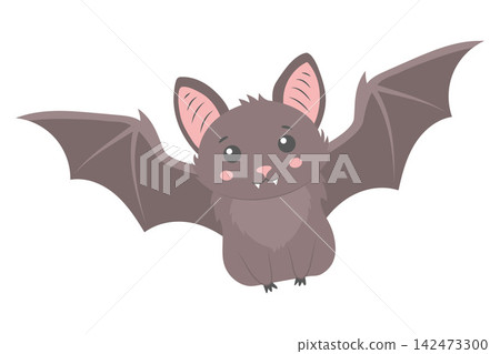 Cute cartoon flying bat with wide wings. Adorable nocturnal animal character, vector illustration 142473300