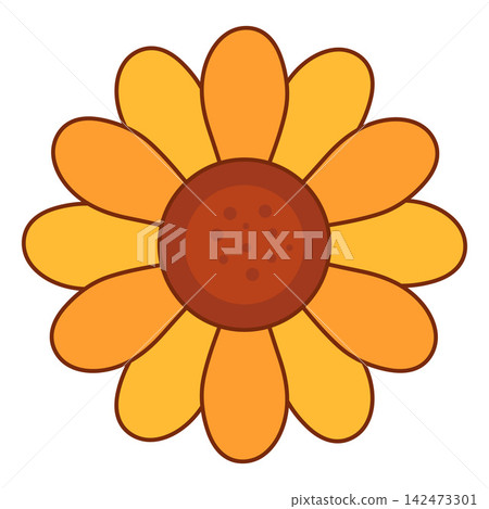 Retro groovy flower in 70s style with bold rounded petals, warm yellow and orange colors, flat vector illustration Retro groovy flower in 70s style with bold rounded petals, warm yellow and orange colors, flat vector illustration 142473301