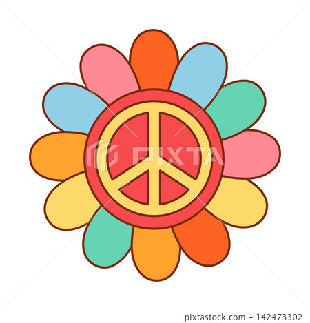 Retro groovy flower with peace symbol in 70s style, bold rounded petals and bright colors, flat vector illustration Retro groovy flower with peace symbol in 70s style, bold rounded petals and bright colors, flat vector illustration 142473302