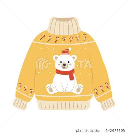 Vector illustration of a cute yellow Christmas sweater featuring a polar bear in a Santa hat and scarf, with candy cane accents Vector illustration of a cute yellow Christmas sweater featuring a polar bear in a Santa hat and scarf, with candy cane accents 142473303