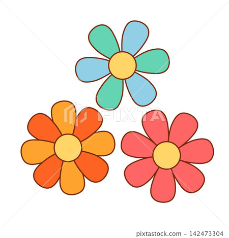 Retro groovy flower icons set in 70s style with bold rounded petals and bright colors, flat vector illustration 142473304