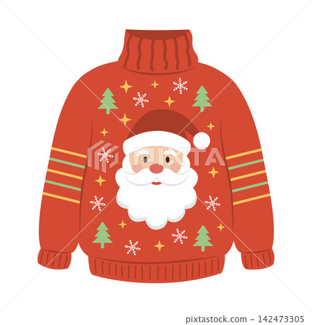 Vector illustration of a vibrant red turtleneck Christmas sweater featuring Santa Claus, snowflakes, and festive trees 142473305