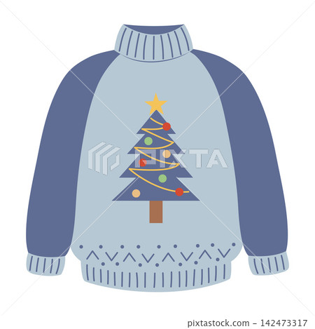 Vector illustration of a cute blue Christmas sweater featuring a decorated Christmas tree and stylized knit patterns 142473317