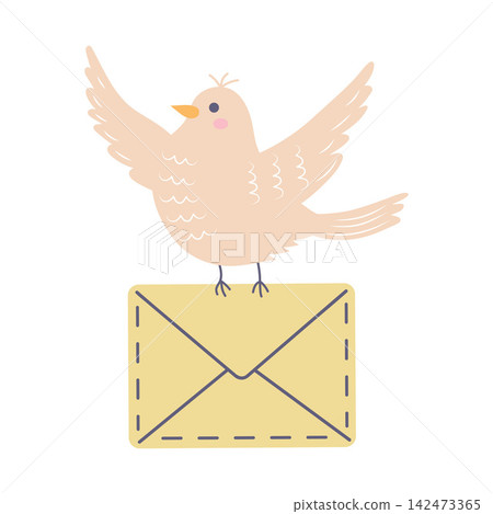A cute vector illustration of a cartoon homing pigeon or carrier dove delivering a sealed mail envelope or letter. A cute vector illustration of a cartoon homing pigeon or carrier dove delivering a sealed mail envelope or letter. 142473365