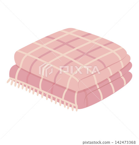 Folded pink plaid blanket with fringe and checker pattern. Cozy home textile vector Folded pink plaid blanket with fringe and checker pattern. Cozy home textile vector 142473368
