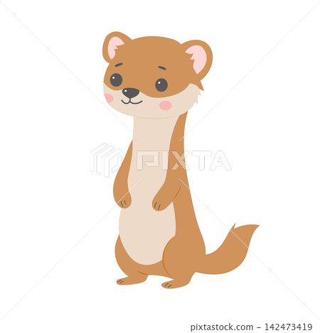 Cute cartoon weasel standing on hind legs. Friendly ferret or stoat character, vector illustration Cute cartoon weasel standing on hind legs. Friendly ferret or stoat character, vector illustration 142473419