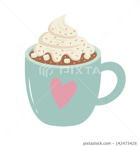 Cute hot chocolate or cocoa in a mug with whipped cream, sprinkles, and a pink heart Cute hot chocolate or cocoa in a mug with whipped cream, sprinkles, and a pink heart 142473428