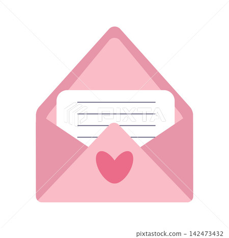A cute vector illustration of an open pink envelope revealing a letter inside. Features a heart on the flap A cute vector illustration of an open pink envelope revealing a letter inside. Features a heart on the flap 142473432