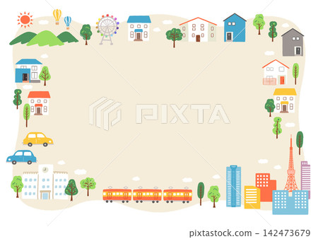 可愛的手繪城市景觀插畫邊框/背景 142473679