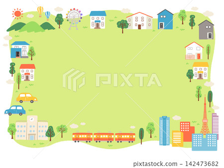 Cute hand-drawn cityscape illustration frame/background Cute hand-drawn cityscape illustration frame/background 142473682