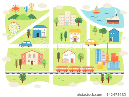Cute hand-drawn streetscape illustrations Cute hand-drawn streetscape illustrations 142473683