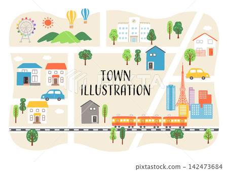 Cute hand-drawn streetscape illustrations Cute hand-drawn streetscape illustrations 142473684