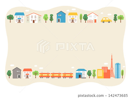 Cute hand-drawn cityscape illustration frame/background Cute hand-drawn cityscape illustration frame/background 142473685
