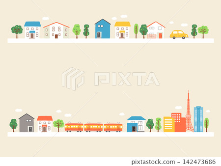 Cute hand-drawn cityscape illustration frame/background Cute hand-drawn cityscape illustration frame/background 142473686