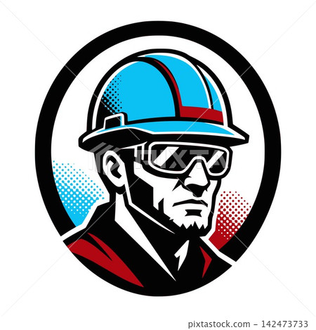 Construction engineer mascot badge with halftone style for corporate profile 142473733