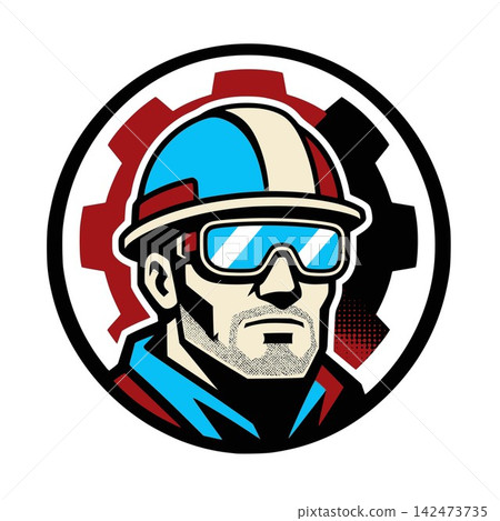 Industrial worker mascot logo with gear background for engineering brand Industrial worker mascot logo with gear background for engineering brand 142473735