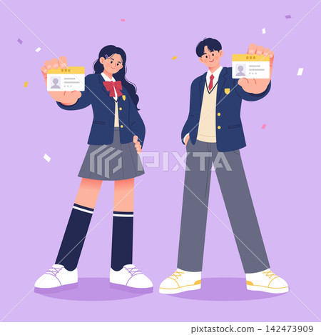 Students in School Uniform Showing ID Cards for Student Discount Concept Vector Illustration 142473909
