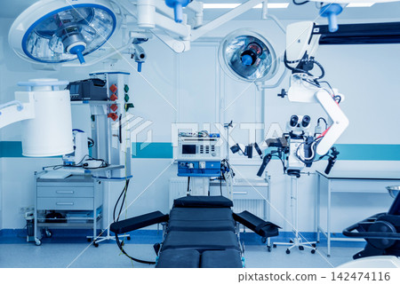 Modern equipment in operating room. Medical devices for neurosurgery. Modern equipment in operating room. Medical devices for neurosurgery. 142474116
