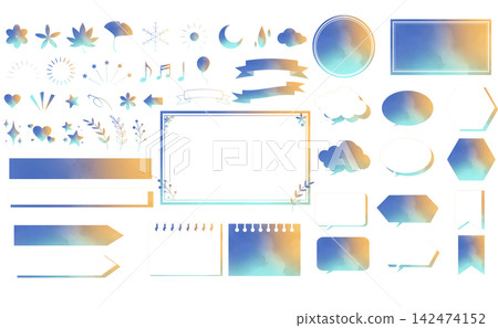 可愛的水彩風格裝飾圖示和邊框套裝。 142474152