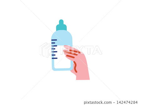 Illustration of a hand holding a baby bottle Illustration of a hand holding a baby bottle 142474284