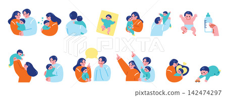 一組關於育兒、兒童保育、嬰兒、爸爸和媽媽的插圖。 一組關於育兒、兒童保育、嬰兒、爸爸和媽媽的插圖。 142474297