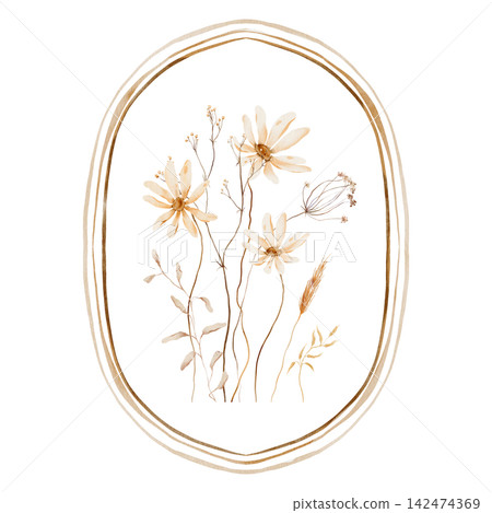 Hand painted watercolor dried flower bouquet inside thin pointed oval line frame, pale cream blooms, wheat spikes, beige leaves and tiny seed buds in warm sand and brown tones on white background Hand painted watercolor dried flower bouquet inside thin pointed oval line frame, pale cream blooms, wheat spikes, beige leaves and tiny seed buds in warm sand and brown tones on white background 142474369