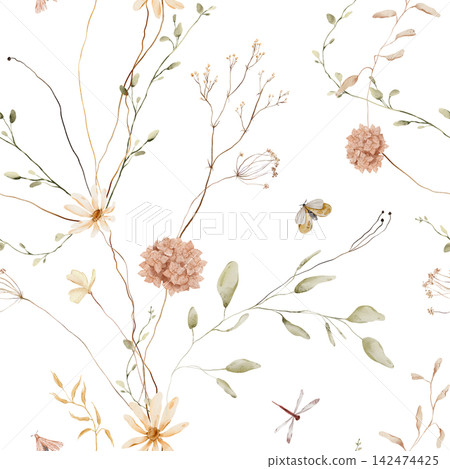 Hand painted watercolor seamless pattern with dried meadow flowers, grasses, seed pods, leaves, a moth and a dragonfly in warm ochre, mustard, terracotta and brown tones on a clean white background. Hand painted watercolor seamless pattern with dried meadow flowers, grasses, seed pods, leaves, a moth and a dragonfly in warm ochre, mustard, terracotta and brown tones on a clean white background. 142474425
