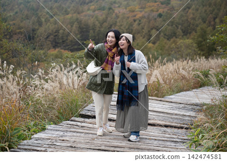 秋日裡,一群女性朋友沿著木板路漫步。 秋日裡,一群女性朋友沿著木板路漫步。 142474581