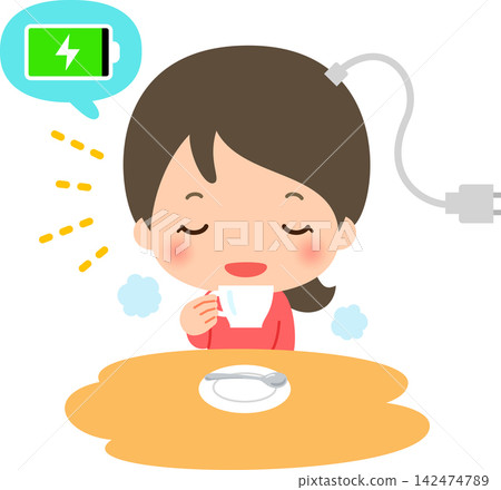 A young woman recharges her energy during teatime. A young woman recharges her energy during teatime. 142474789