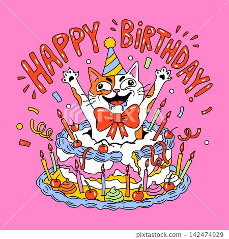 Cute Birthday Cat Character Celebration Design Cute Birthday Cat Character Celebration Design 142474929