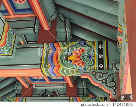 This is a traditional Korean *dancheong* pattern. This is a traditional Korean *dancheong* pattern. 142475096