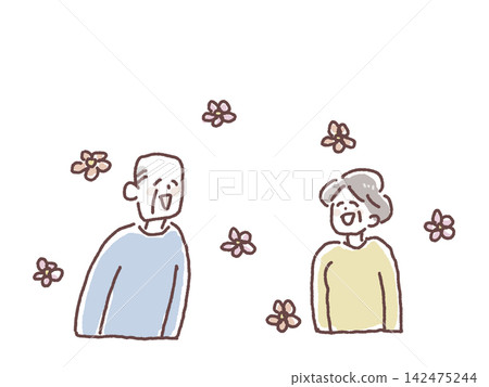 Elderly men and women smiling, surrounded by flowers. Elderly men and women smiling, surrounded by flowers. 142475244