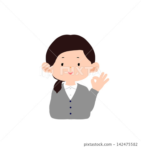 A woman in a cardigan makes an OK hand sign. A woman in a cardigan makes an OK hand sign. 142475582