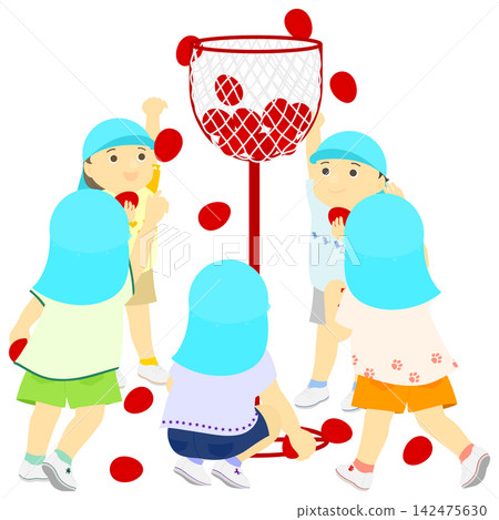 學校運動會上孩子們玩拋球遊戲的插畫。 學校運動會上孩子們玩拋球遊戲的插畫。 142475630