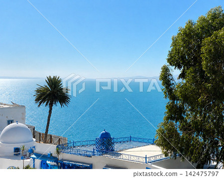 From Sidi Bou Said, a UNESCO World Heritage site in Tunisia, you can see the vast blue sky, the deep blue Mediterranean Sea, and the white cityscape. From Sidi Bou Said, a UNESCO World Heritage site in Tunisia, you can see the vast blue sky, the deep blue Mediterranean Sea, and the white cityscape. 142475797