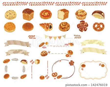 A set of cute hand-drawn illustrations of bread, frames, and decorations. A set of cute hand-drawn illustrations of bread, frames, and decorations. 142476019