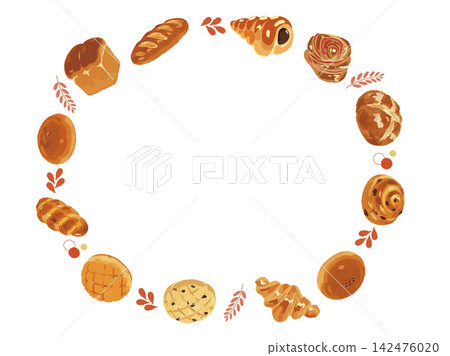 A cute, hand-drawn circular frame surrounded by various kinds of bread. A cute, hand-drawn circular frame surrounded by various kinds of bread. 142476020