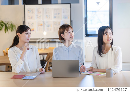 Female business professionals intently discussing projected materials and whiteboards. Female business professionals intently discussing projected materials and whiteboards. 142476327