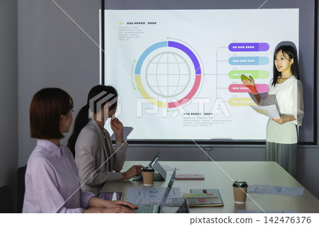 A female business person presents during an internal company meeting, pointing to diagrams projected onto a screen. A female business person presents during an internal company meeting, pointing to diagrams projected onto a screen. 142476376