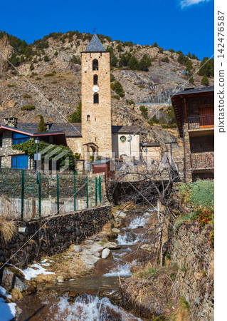 View of the Montaup river and Church of Sant Serni in Canillo town, Andorra View of the Montaup river and Church of Sant Serni in Canillo town, Andorra 142476587