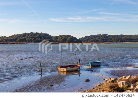 Traditional vintage wooden fishing boats moored in the calm lagoon of Etang de Gruissan with a soft pinkish hue on the water surface in Occitanie, South of France 142476624